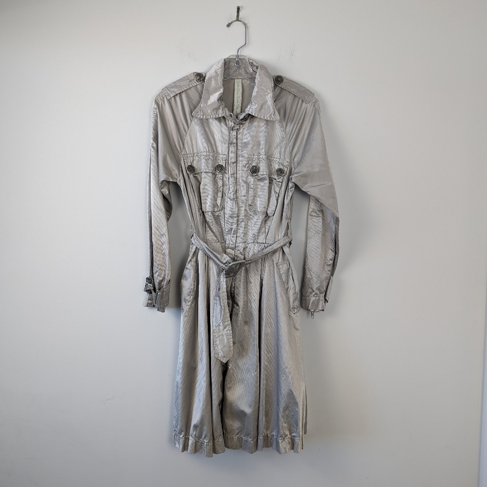 Vintage Women's Metallic Silver Trench Coat Dress - Estimated Size S/M Boutique